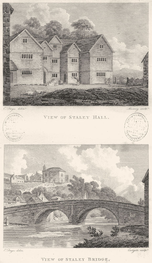 LANCASHIRE. Ashton Staley Hall & Staley Bridge. Aikin / Stockdale 1794 print